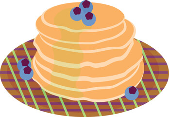 Pancakes on a plate with jam and blueberries.	