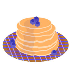 Pancakes on a plate with jam and blueberries.	