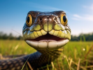 Obraz premium Close-up of a snake's head curled up and looking at the camera. A reptilian animal. Nature background. Illustration for cover, card, postcard, interior design, banner, poster, brochure or presentation