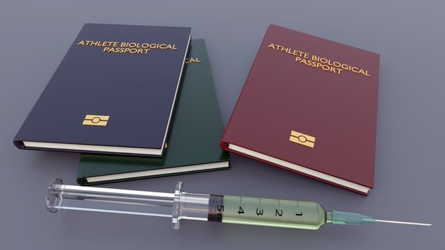 Athlete Biological Passport (ABP)  with drug inside of syringe, 3D rendering