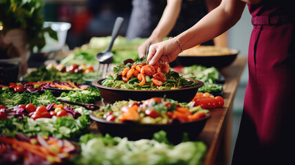 Fototapeta premium Culinary Delight at Restaurant Buffet with Group Dining Experience