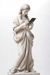 Fototapeta na wymiar Antique statue or sculpture of a girl looking and holding a smartphone.