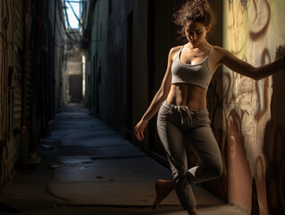 dancer stretching in an alleyway, contrast of grace and gritty walls