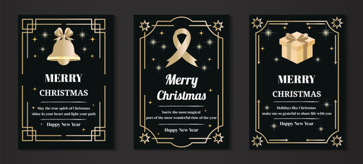 Set of three Christmas banners and New Year greeting cards. bell, ribbon, giftbox, Vector illustration concepts for graphic and web design, social media banner, marketing material.