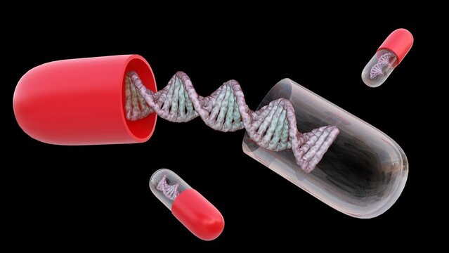 A 3D rendering depicts a DNA helix encapsulated within a drug capsule case. 
