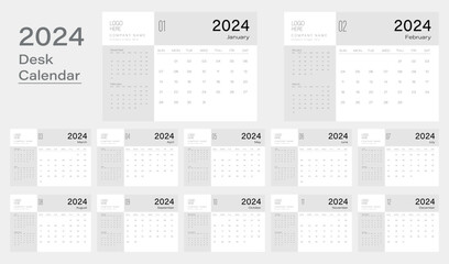 Vector desk calendar 2024 design, week start Monday, vector illustration, calendar layout.