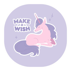 Pink unicorn text make wish. Greeting card, poster