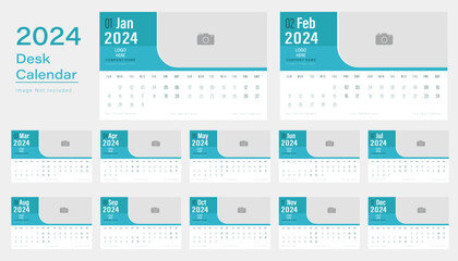 Vector desk calendar 2024 design, week start Monday, vector illustration, calendar layout.