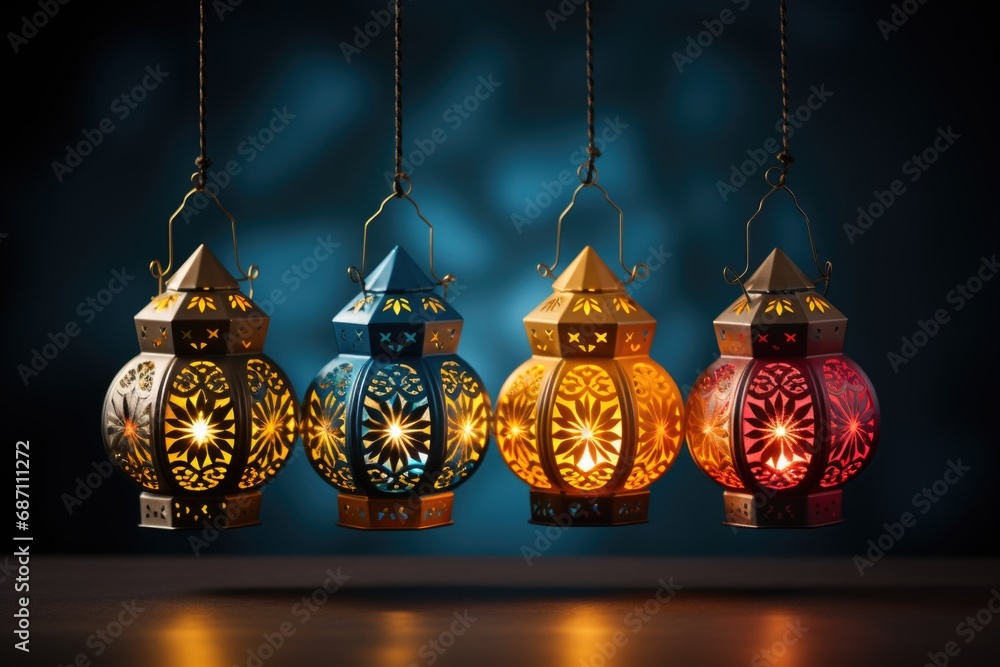 Poster a row of colorful lanterns hanging from a string. paper divali lanterns.