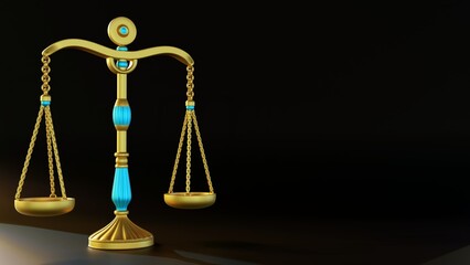 Gold scale with blue beads, balanced on a brown background. A symbol of luxury, wealth, and equality, 3d rendering