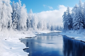 Blue river and forest with snow scenery