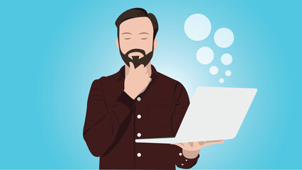 captivating flat design depictions of a contemplative man in this modern technology time, deep in thought while holding a laptop. 