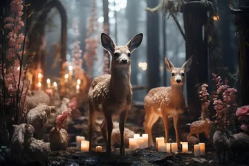 Meubelstickers Two deer in the forest at night with candles. 3d rendering © A
