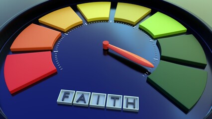 3d rendering of faith measurement level in speedometer in close up
