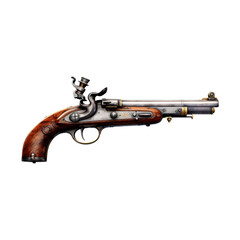 Antique firearms. Pistol with flintlock. Isolated on transparent background. 