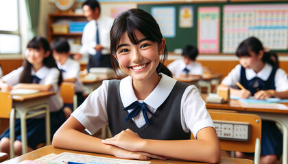 Smiling Japanese girl sitting at a desk in the school classroom.Elementary or Primary school age.