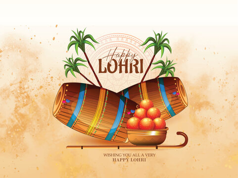 Punjabi Festival Of Lohri Celebration Bonfire Background With Decorated Drum.