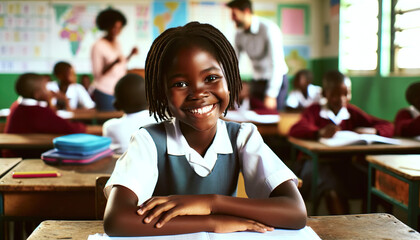 Smiling African girl sitting at a desk in the school classroom.Elementary or Primary school age.