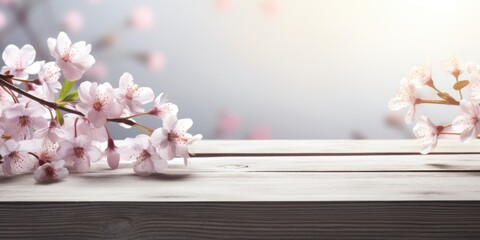 A wooden table topped with a bunch of pink flowers.