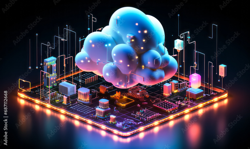 Poster neon glowing cloud computing concept with cloud icon and technology symbols on dark background, repr