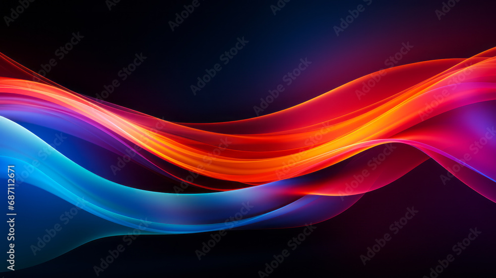Poster vibrant abstract wavy background with flowing blue and red gradient lines on a dark canvas, illustra