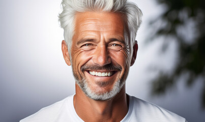 Obraz premium Portrait of a Happy Senior Man with a Bright Smile and Stylish Silver Hair, Radiating Confidence and Casual Elegance on a White Background