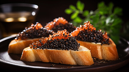 Food photography of a small triangular toasts with black caviar in style of culinary luxury