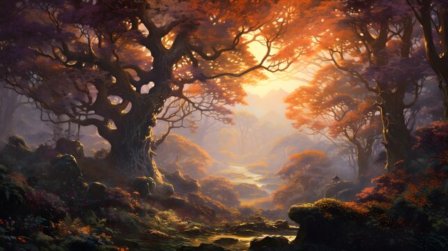Digital painting of a beautiful sunset in the woods with a tree in the foreground