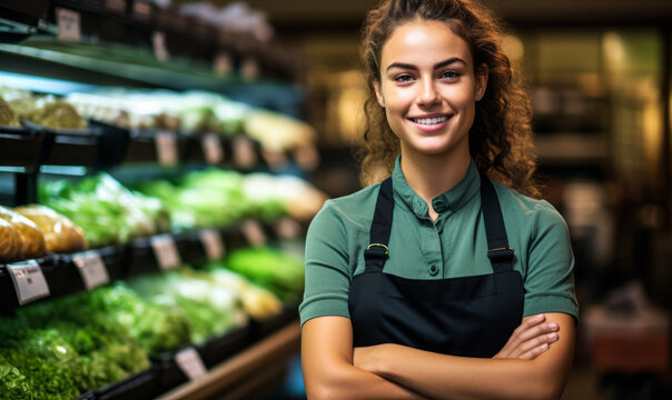 Confident Female Grocer Smiling in Apron Arms Crossed in Organic Grocery Store, Fresh Produce on Shelves in Background
