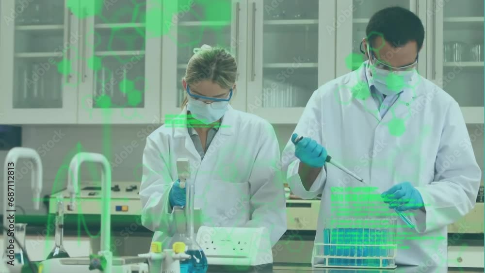 Poster animation of scientific data processing over caucasian scientists working in laboratory