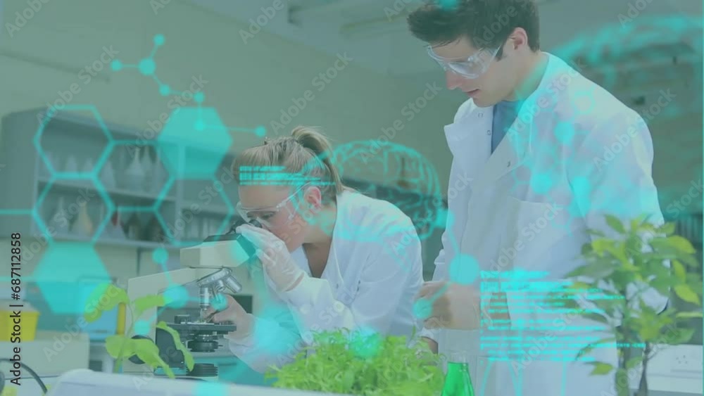 Poster animation of scientific data processing over caucasian scientists working in laboratory