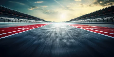 Zelfklevend Fotobehang F1 race track circuit road with motion blur and grandstand stadium for Formula One racing © Summit Art Creations