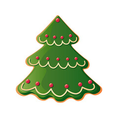 Gingerbread Christmas tree cookie vector illustration. Honey baked biscuit with green icing isolated on white background. Decorative detailed element for holiday patterns, packaging, design