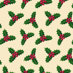 Christmas seamless pattern with holly berries branches and poinsettia flower Vector illustration of seamless background. Christmas decoration for holiday patterns, packaging, designs, wrapping