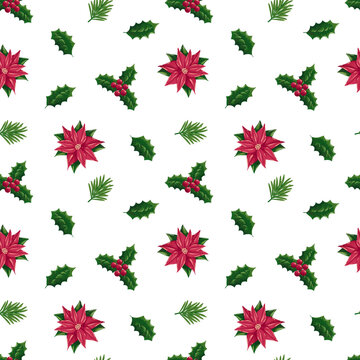 Christmas seamless pattern with holly berries branches and poinsettia flower Vector illustration of seamless background. Christmas decoration for holiday patterns, packaging, designs, wrapping