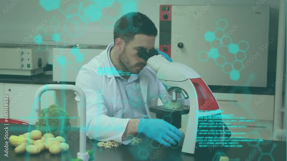 Poster animation of scientific data processing over caucasian male scientist working in laboratory