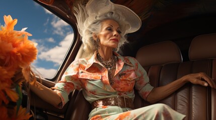 Portrait of rich old lady inside a car - obrazy, fototapety, plakaty