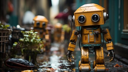 A cute robots stands in a rainy city with a water hole.