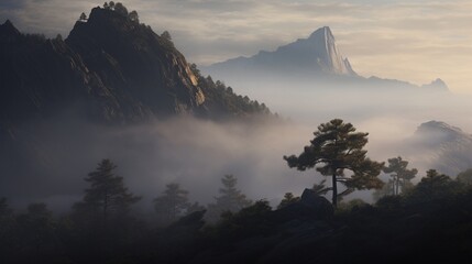 Mystical Fog Over Mountain Forest at Dawn

