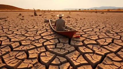  man on the boat in a dry lake, dry cracked soil - obrazy, fototapety, plakaty