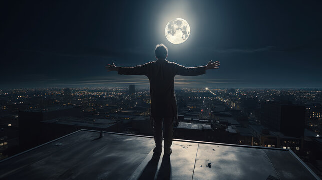 Male sleepwalker on roof at night