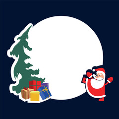 Santa Claus with a Christmas tree and gifts. Vector illustration in flat graphic style. Design for Christmas card, poster, banner. Wide step. Christmas character. Merry Christmas.