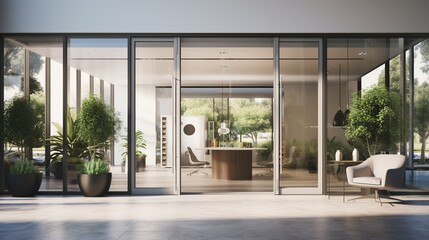 Obraz premium Modern Office Interior with Floor-to-Ceiling Windows