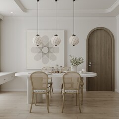 Dining table in dining room white wall, wall art decoration for a studio apartment architecture
