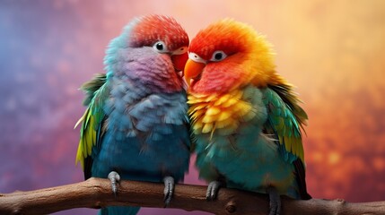 a pair of love parrots on colorful background generated by AI tool 