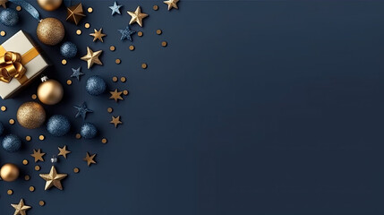 Naklejka premium Christmas decorations on blue background with stars,gift and balls decoration,Christmas background with xmas tree and sparkle bokeh lights on red. Merry christmas card. Winter holiday ,Happy New Year