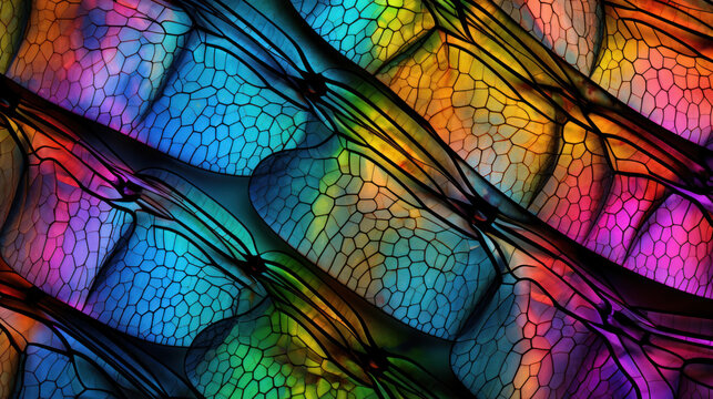 Multi-colored, vibrant abstract texture, wing of psychedelic dragonfly under microscope © Kondor83