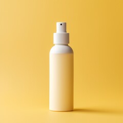 A chic skincare product bottle featuring a white label, placed on a pastel yellow background. Copyspace on blank label.