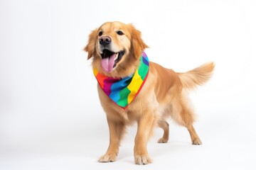 A dog wearing a colorful bandana standing in front of a white background.