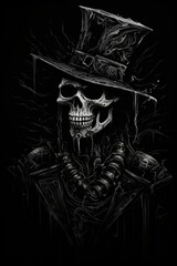 A drawing of a skeleton wearing a top hat.